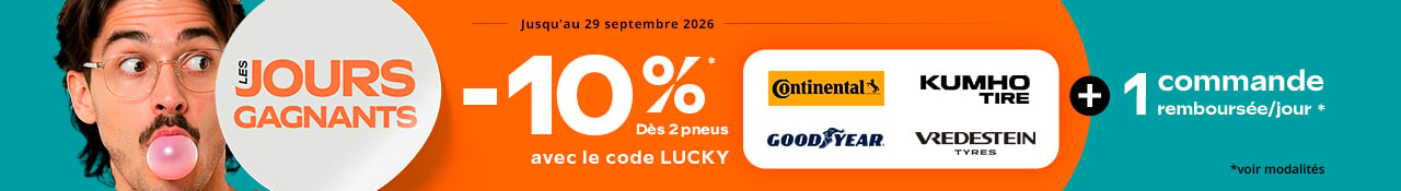 Promo Allopneus : Les jours gagnants 10 pourcent de remise immédiate jusqu'au 29 septembre 2026 dès 2 pneus auto Continental, Goodyear, Kumho ou Vredestein + 1 commande remboursée/jour. Voir modalités