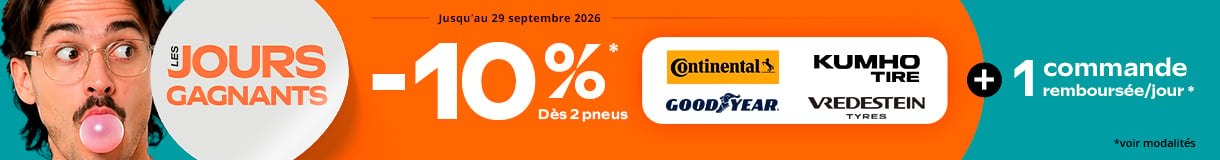 Promo Allopneus : Les jours gagnants 10 pourcent de remise immédiate jusqu'au 29 septembre 2026 dès 2 pneus auto Continental, Goodyear, Kumho ou Vredestein + 1 commande remboursée/jour. Voir modalités