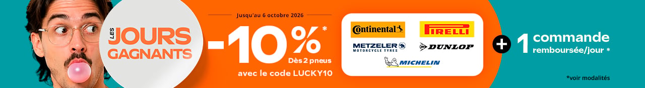 Promo Allopneus : Les jours gagnants 10pourcent de remise immédiate jusqu'au 6 octobre 2026 dès 2 pneus moto Michelin, Pirelli, Metzeler, Continental ou Dunlop + 1 commande remboursée/jour. Voir modalités