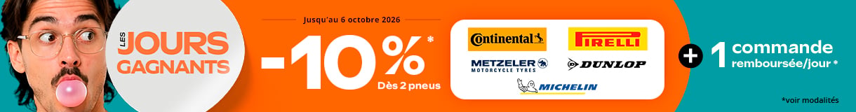 Promo Allopneus : Les jours gagnants 10pourcent de remise immédiate jusqu'au 6 octobre 2026 dès 2 pneus moto Michelin, Pirelli, Metzeler, Continental ou Dunlop + 1 commande remboursée/jour. Voir modalités