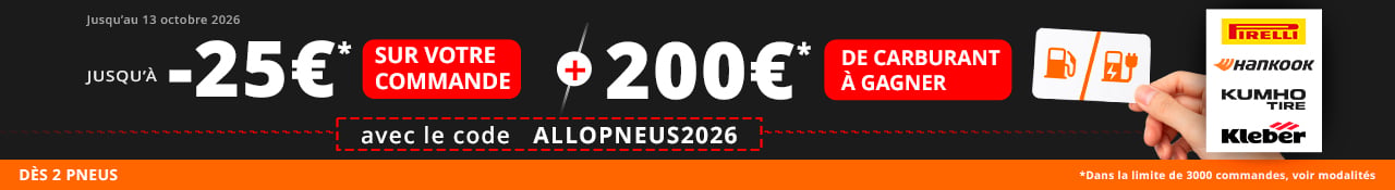 Promo Allopneus jusqu'à 25euros de remise immédiate dès 2 pneus auto Pirelli, Hankook, Kumho ou Kleber jusqu'au 13 octobre et 200euros de carte carburant à gagner voir modalités