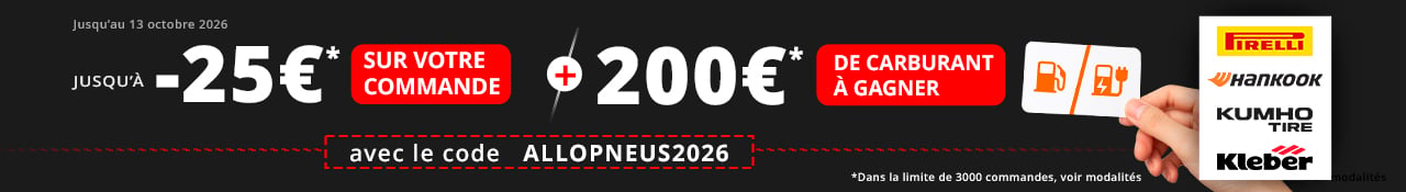 Promo Allopneus jusqu'à 25euros de remise immédiate dès 2 pneus auto Pirelli, Hankook, Kumho ou Kleber jusqu'au 13 octobre et 200euros de carte carburant à gagner voir modalités