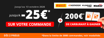 Promo Allopneus jusqu'à 25euros de remise immédiate dès 2 pneus auto Pirelli, Hankook, Kumho ou Kleber jusqu'au 13 octobre et 200euros de carte carburant à gagner voir modalités