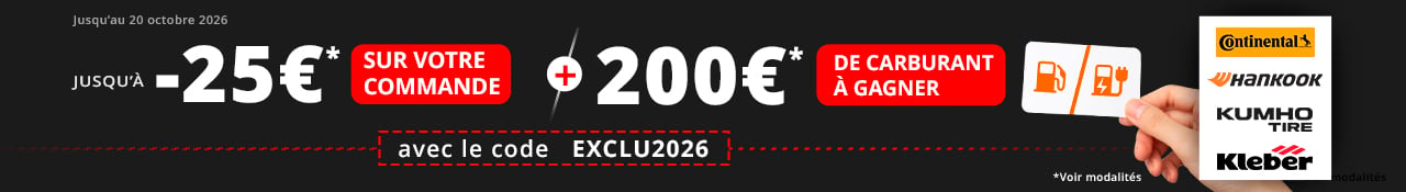 Promo Allopneus jusqu'à 25euros de remise immédiate dès 2 pneus auto Continental, Hankook, Kumho ou Kleber jusqu'au 20 octobre et 200euros de carte carburant à gagner voir modalités