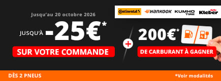 Promo Allopneus jusqu'à 25euros de remise immédiate dès 2 pneus auto Continental, Hankook, Kumho ou Kleber jusqu'au 20 octobre et 200euros de carte carburant à gagner voir modalités