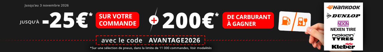 Promo Allopneus jusqu'à 25euros de remise immédiate dès 2 pneus auto sur une sélection de pneus jusqu'au 3 novembre et 200euros de carte carburant à gagner jeu concours voir modalités