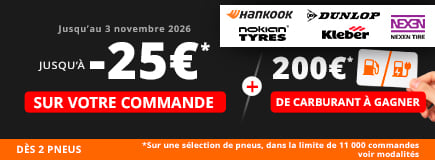 Promo Allopneus jusqu'à 25euros de remise immédiate dès 2 pneus auto sur une sélection de pneus jusqu'au 3 novembre et 200euros de carte carburant à gagner jeu concours voir modalités